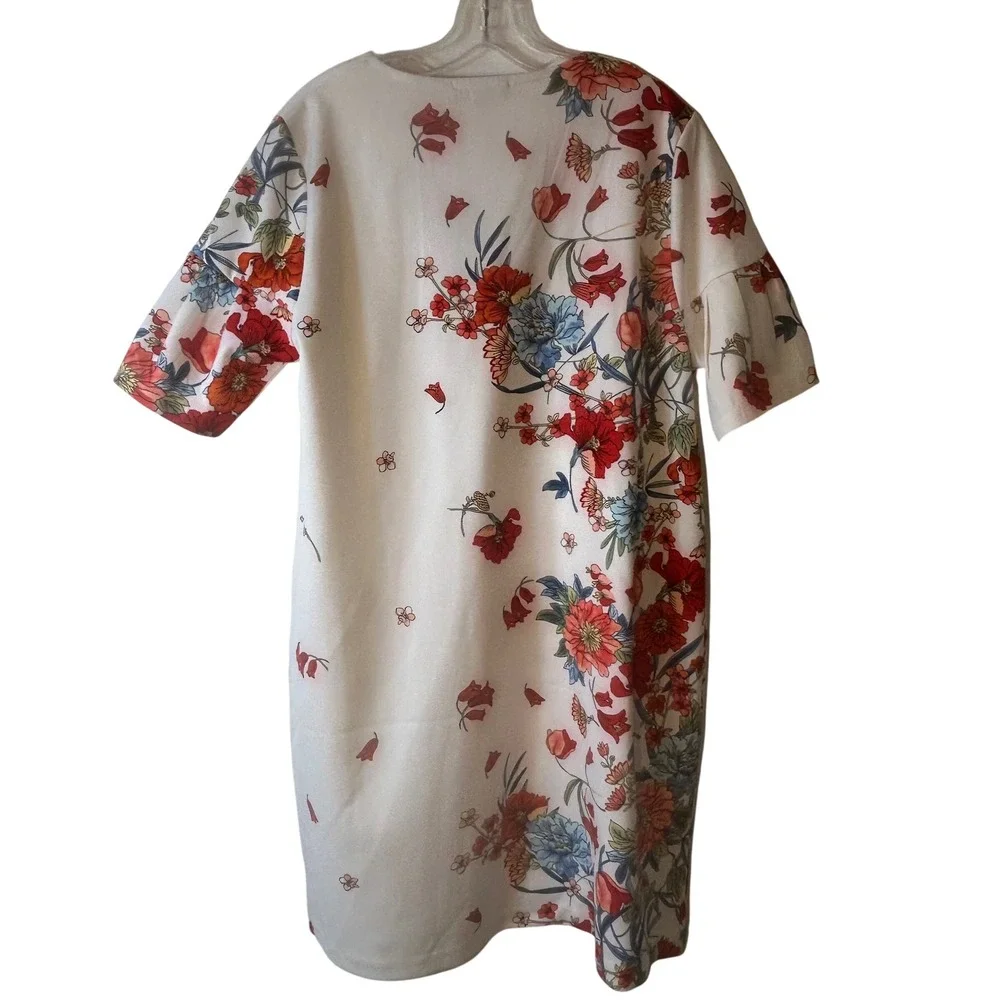 ABS Collection‎ Floral Oriental Print V-Neck Bell Sleeve Shift Dress XL White